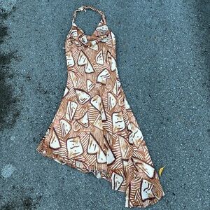 Y2K Cato Brown Geometric Funky Cowl Halter Neck Asymmetrical Midi Dress Size 10